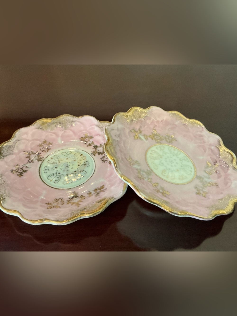 Antique Pink Porcelain Decorative Scalloped Saucers with Gold Trim. Set of 2 - Picture 2 of 4